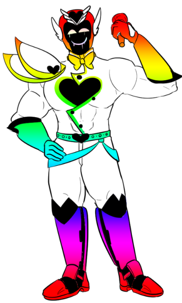 A colourful drawing of Prismatic Captain Valentine, with rainbow gauntlets, boots, and helmet, a white suit, heart emblems all pure black, and a white smiley face painted onto the void where his face should be.